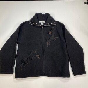 Lisa International Black Boiled Wool Full Zip Jacket with Horse Applique Size‎ L